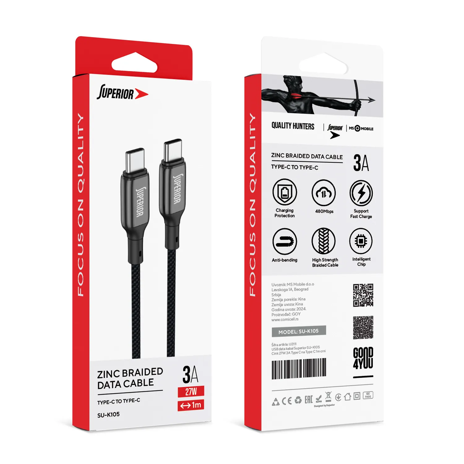 USB data kabal Superior SU-K105 Cink 60W 3A Type C na Type C 1m crni