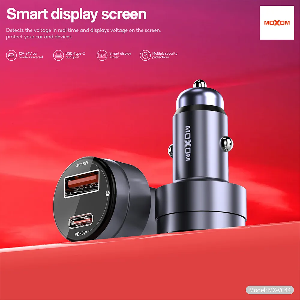Auto punjac Moxom MX-VC44 USB-A 18W+Type-C PD30W bez kabla crni