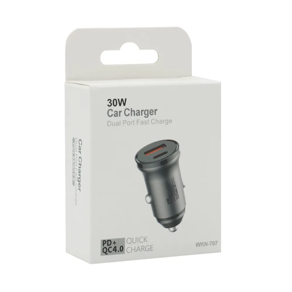 Auto punjac 30W USB-A + Type-C ulaz sa Type-C na Lightning kablom sivi