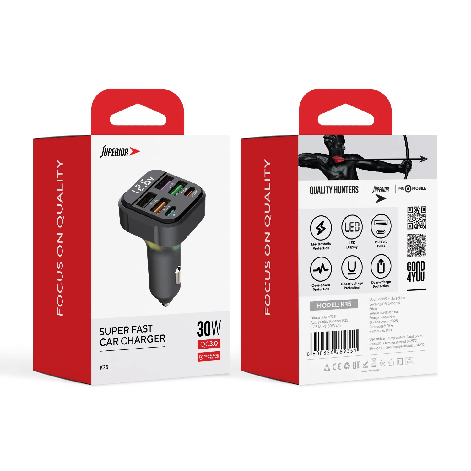 Auto punjac Superior K35 5V 3.1A  PD 30W crni