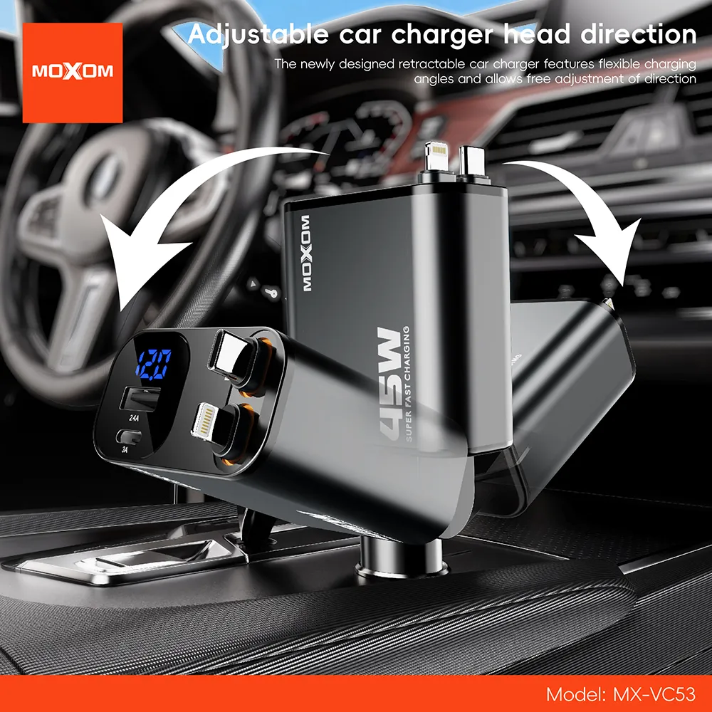 Auto punjac Moxom MX-VC53 USB & Type C output  + Type C & lightning cable output 30W crni