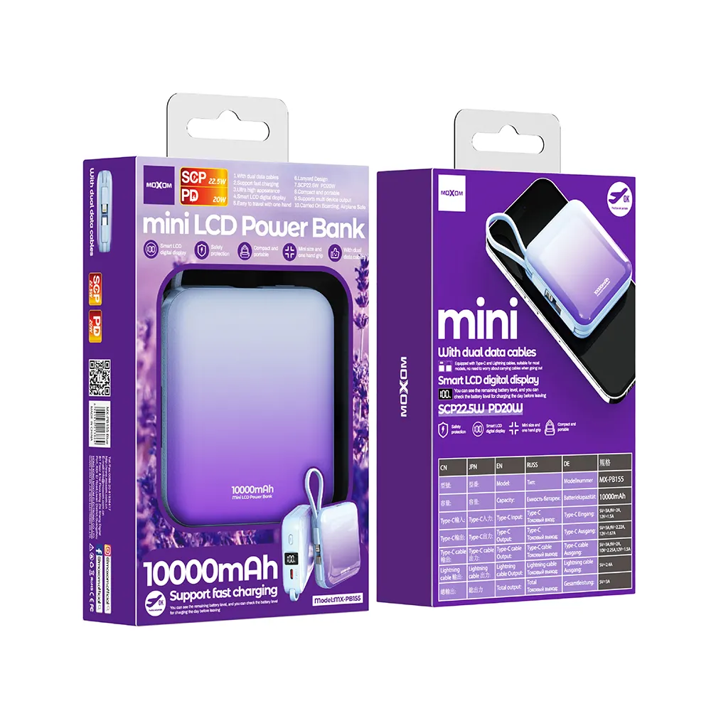 Power Bank Moxom MX-PB155 fast 10000mAh SCP 22.5W QC18W+ PD20W 3A ljubicasti
