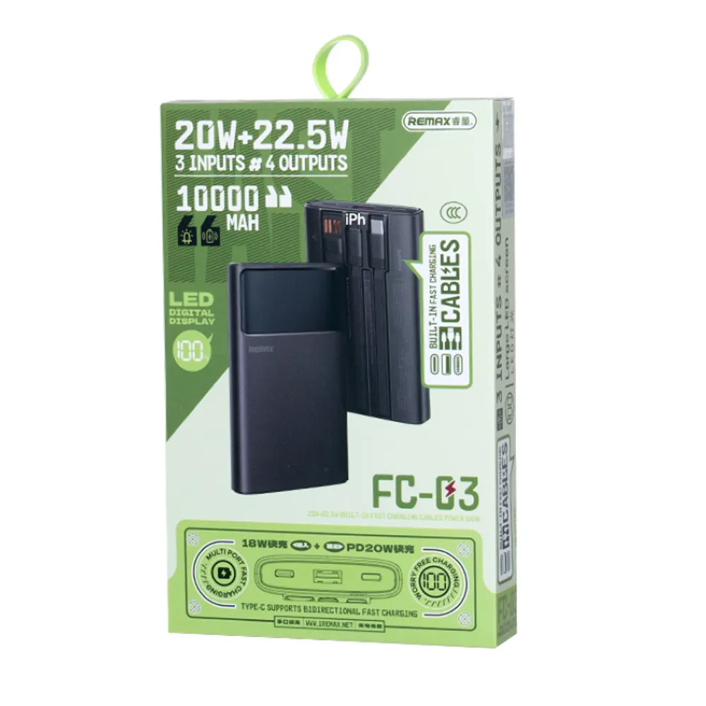 Power Bank REMAX FC-03 LED Light PD 20W + QC 22.5W 10000mAh crni