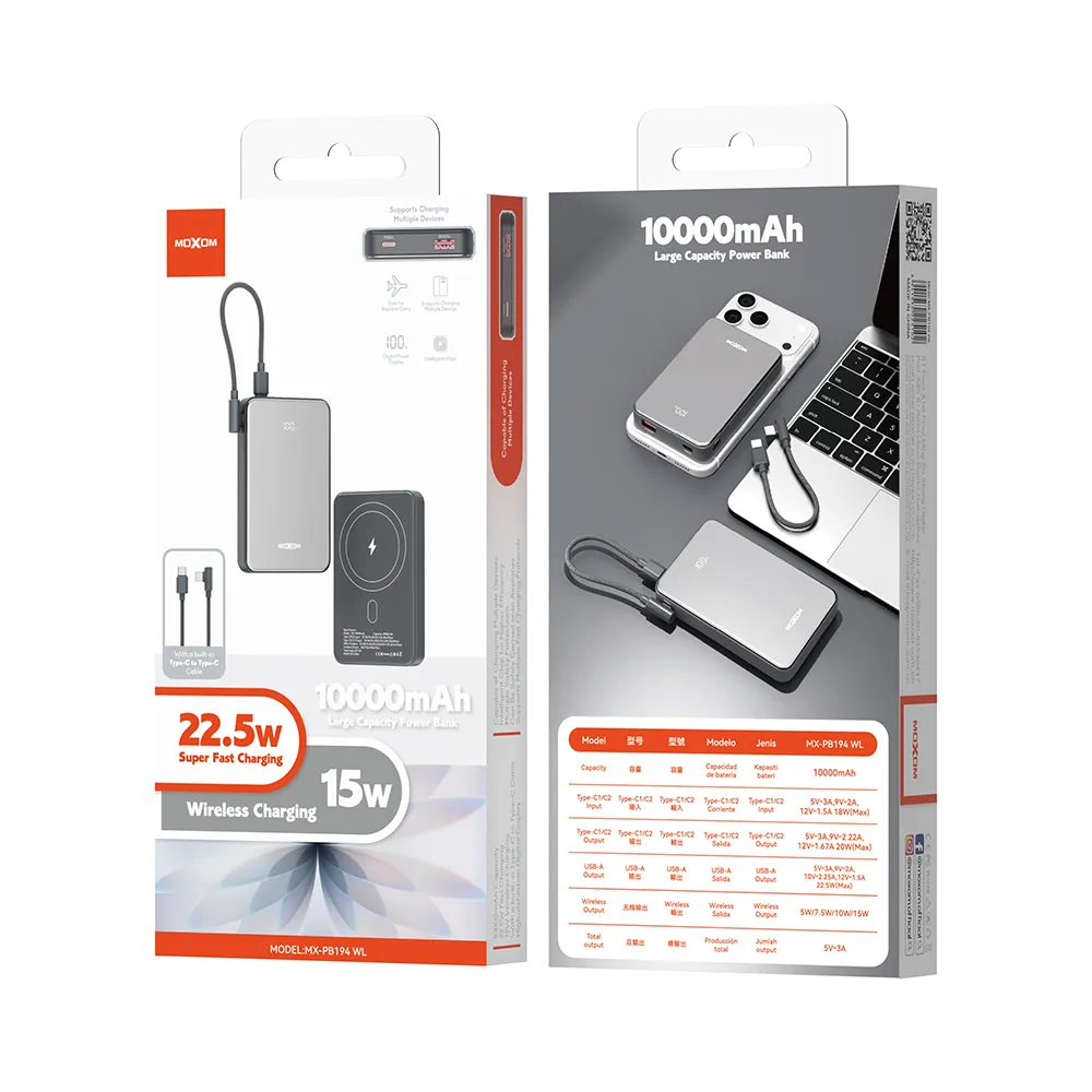 Power Bank Magsafe Moxom MX-PB194 fast charge 22.5W + wireless 15W type C 10000mAh srebrni