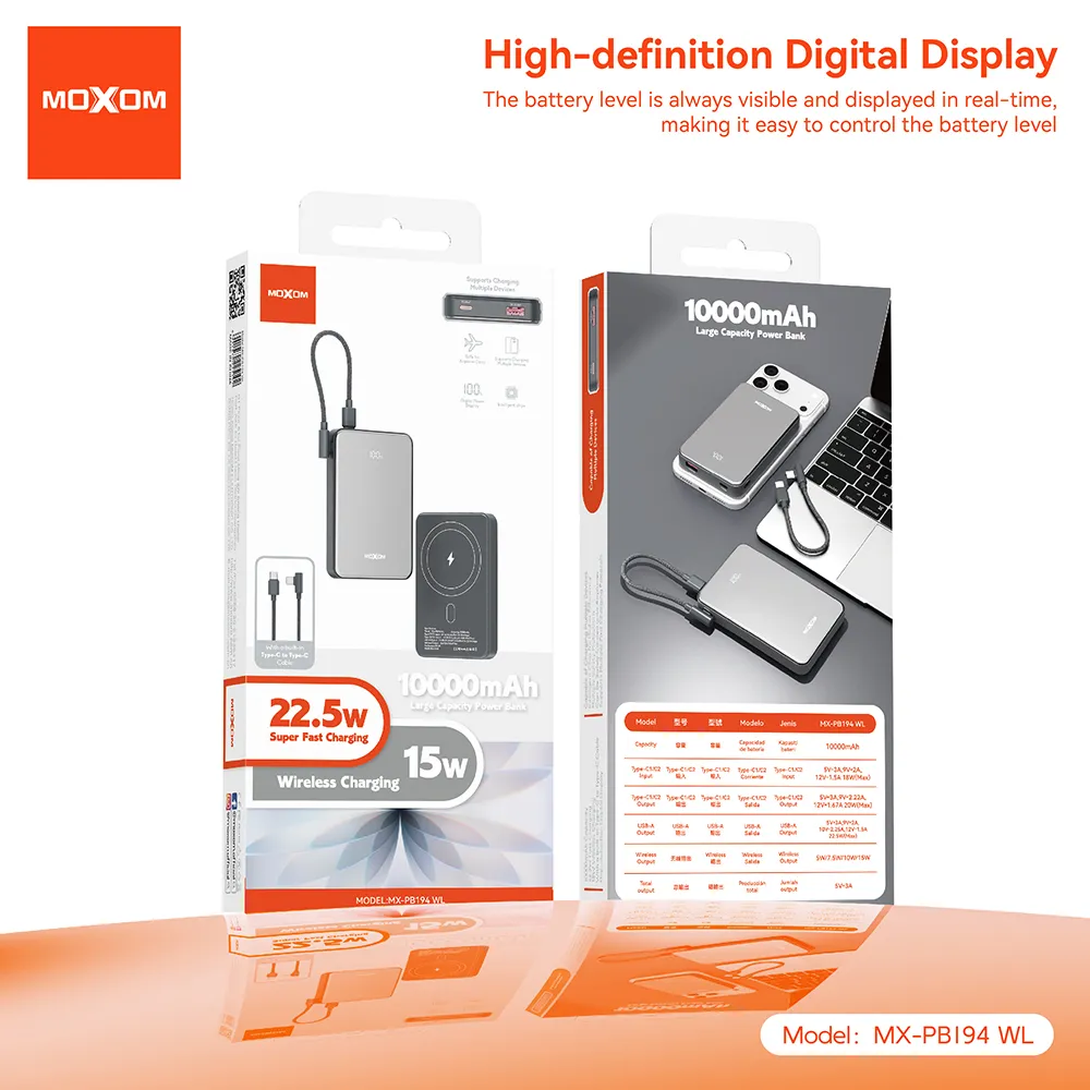 Power Bank Magsafe Moxom MX-PB194 fast charge 22.5W + wireless 15W type C 10000mAh srebrni
