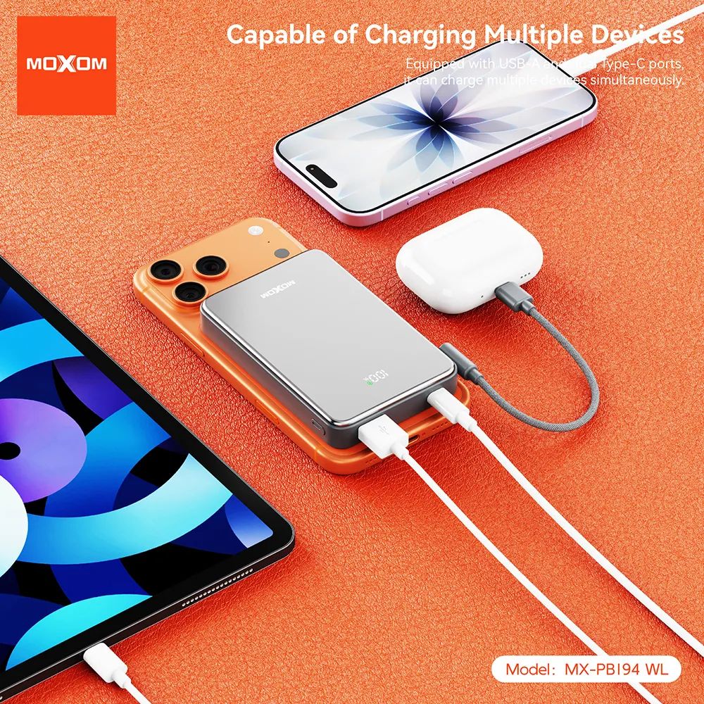 Power Bank Magsafe Moxom MX-PB194 fast charge 22.5W + wireless 15W type C 10000mAh srebrni