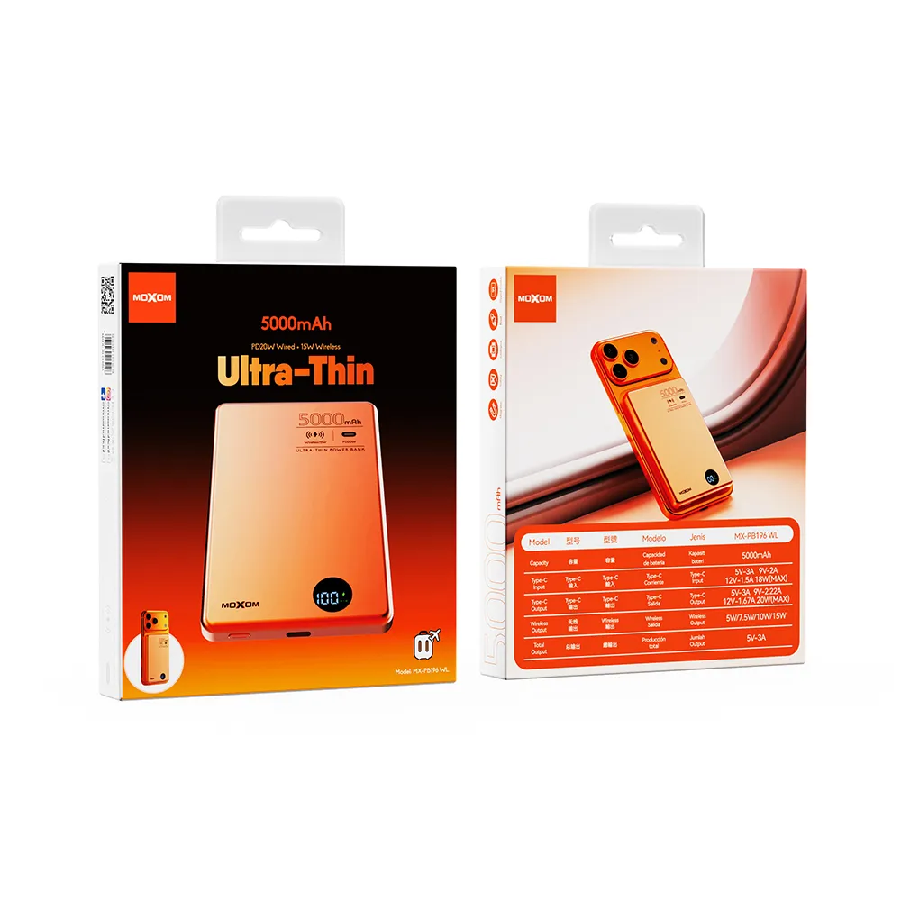 Power Bank Magsafe Moxom MX-PB196 PD 20W + QC 22.5W + wireless 15W 5000mAh narandzasti