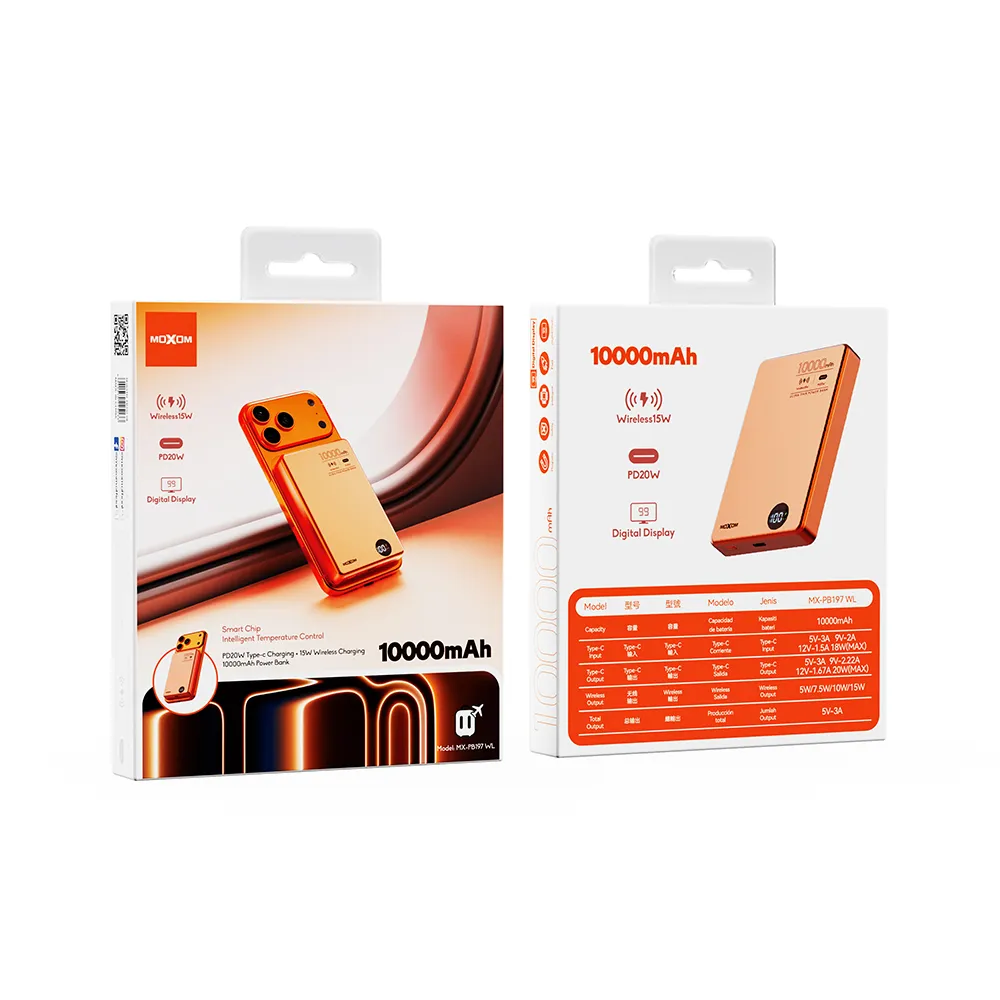 Power Bank Magsafe Moxom MX-PB197 PD 20W + QC 22.5W + wireless 15W 10000mAh narandzasti