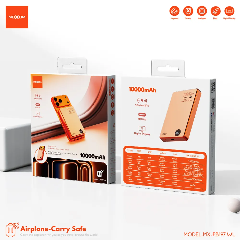Power Bank Magsafe Moxom MX-PB197 PD 20W + QC 22.5W + wireless 15W 10000mAh narandzasti