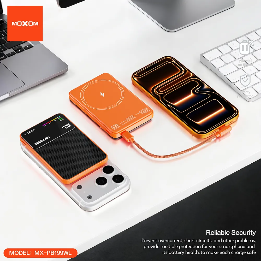 Power Bank Magsafe Moxom MX-PB199 fast PD 20W + wireless 15W Type C - Type C 5000mAh narandzasti
