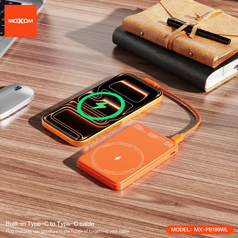Power Bank Magsafe Moxom MX-PB199 fast PD 20W + wireless 15W Type C - Type C 5000mAh narandzasti
