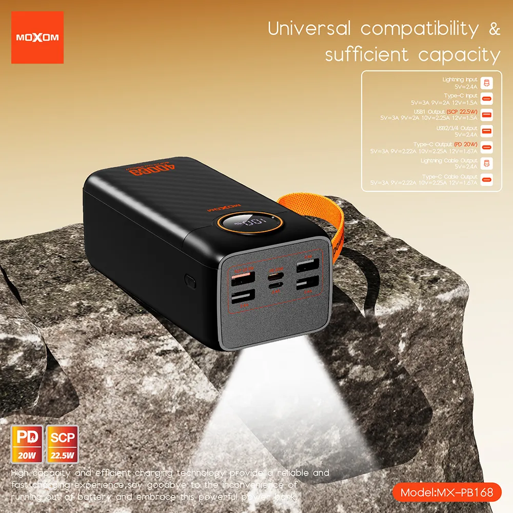 Power Bank Moxom MX-PB168 fast 20W PD +22.5W 40000mAh crni
