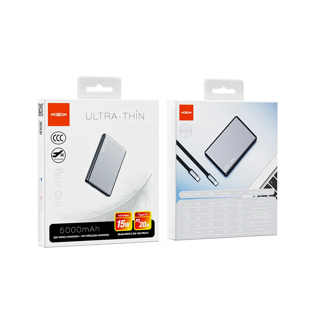 Power Bank MagSafe Moxom MX-PB212 Ultra Thin PD20W + wireless 15W 5000mAh sivi