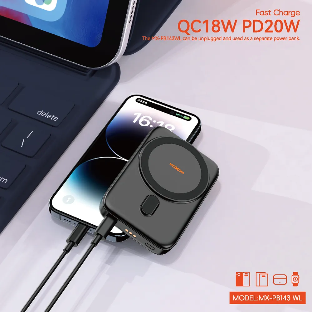 Power Bank MagSafe Moxom MX-PB143 3in1 Multifunction PD20W + wireless 18W 5000mAh crni