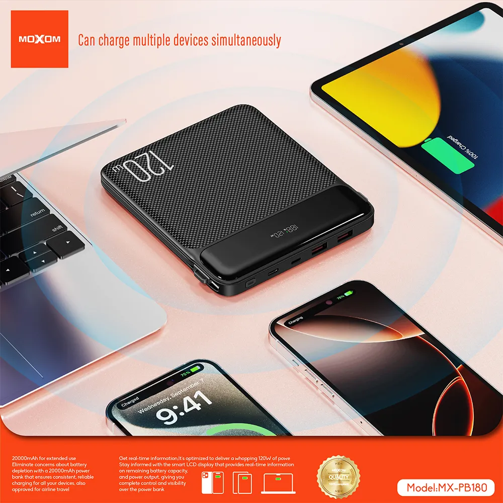 Power Bank Moxom Utopia MX-PB180 120W Super fast charging 20000mAh crni