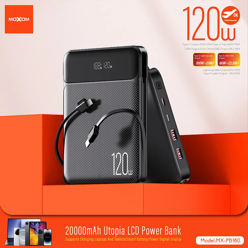 Power Bank Moxom Utopia MX-PB180 120W Super fast charging 20000mAh crni