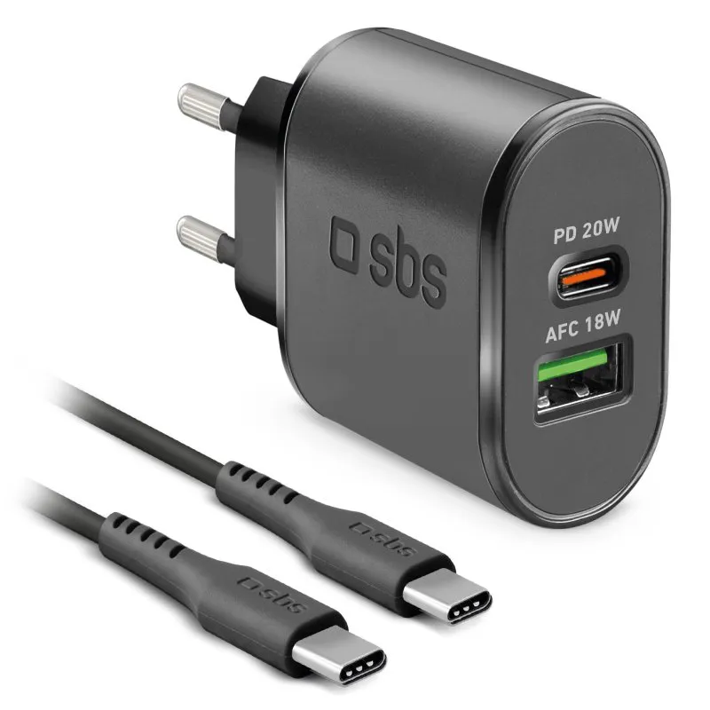 Kucni punjac SBS M3 USB-A 18W+Type-C PD 20W sa Type C na Type C kablom crni (TEKITTRPDCCK)