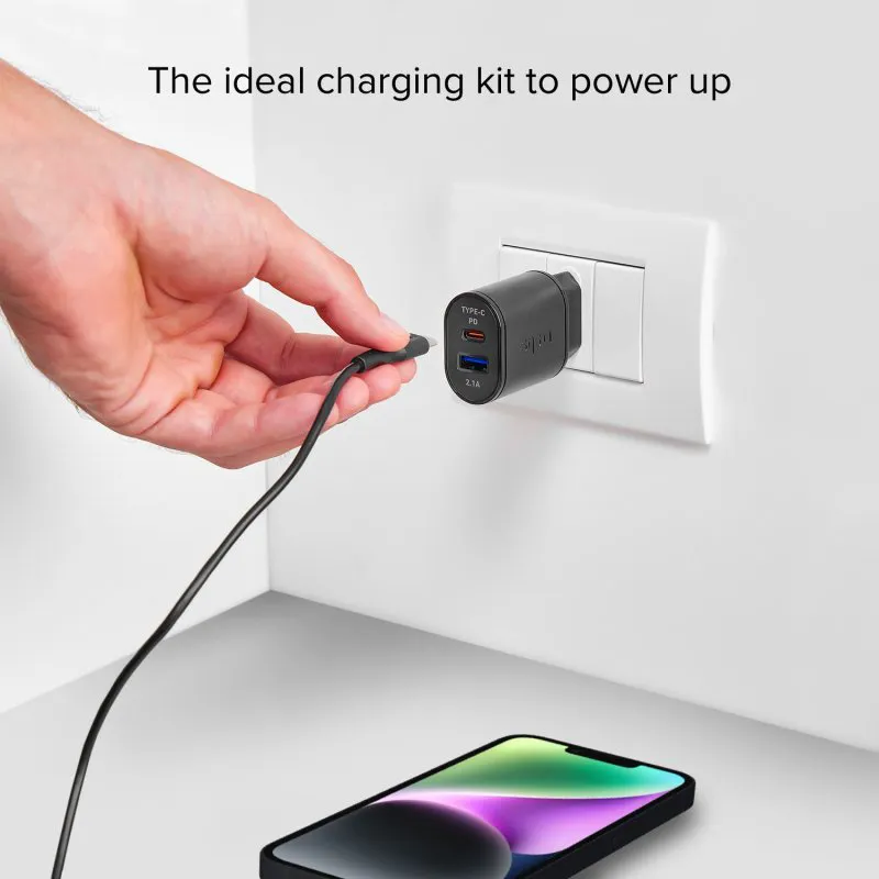 Kucni punjac SBS M3 USB-A 18W+Type-C PD 20W sa Type C na Type C kablom crni (TEKITTRPDCCK)