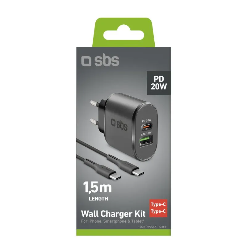 Kucni punjac SBS M3 USB-A 18W+Type-C PD 20W sa Type C na Type C kablom crni (TEKITTRPDCCK)