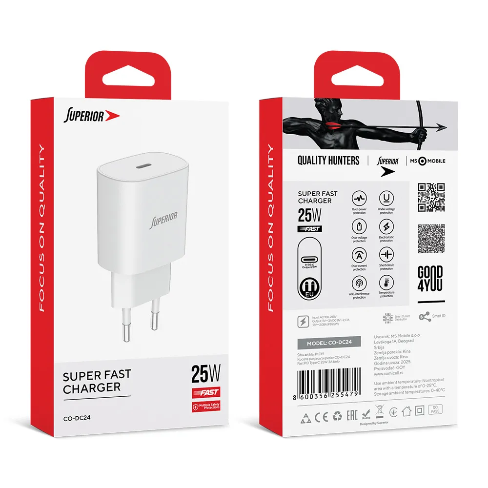 Kuciste punjaca Superior CO-DC24 Fast PD Type C 25W 3A belo