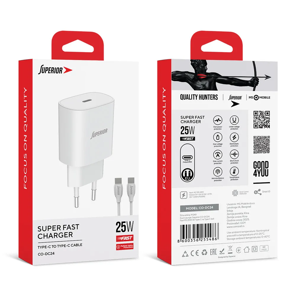 Kucni punjac Superior CO-DC24 Fast PD 25W 3A Type C na Type C beli