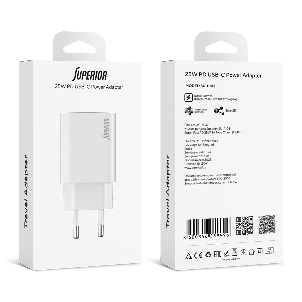 Kuciste punjaca Superior SU-P103 Super Fast PD 25W 3A Type C belo (CERT)