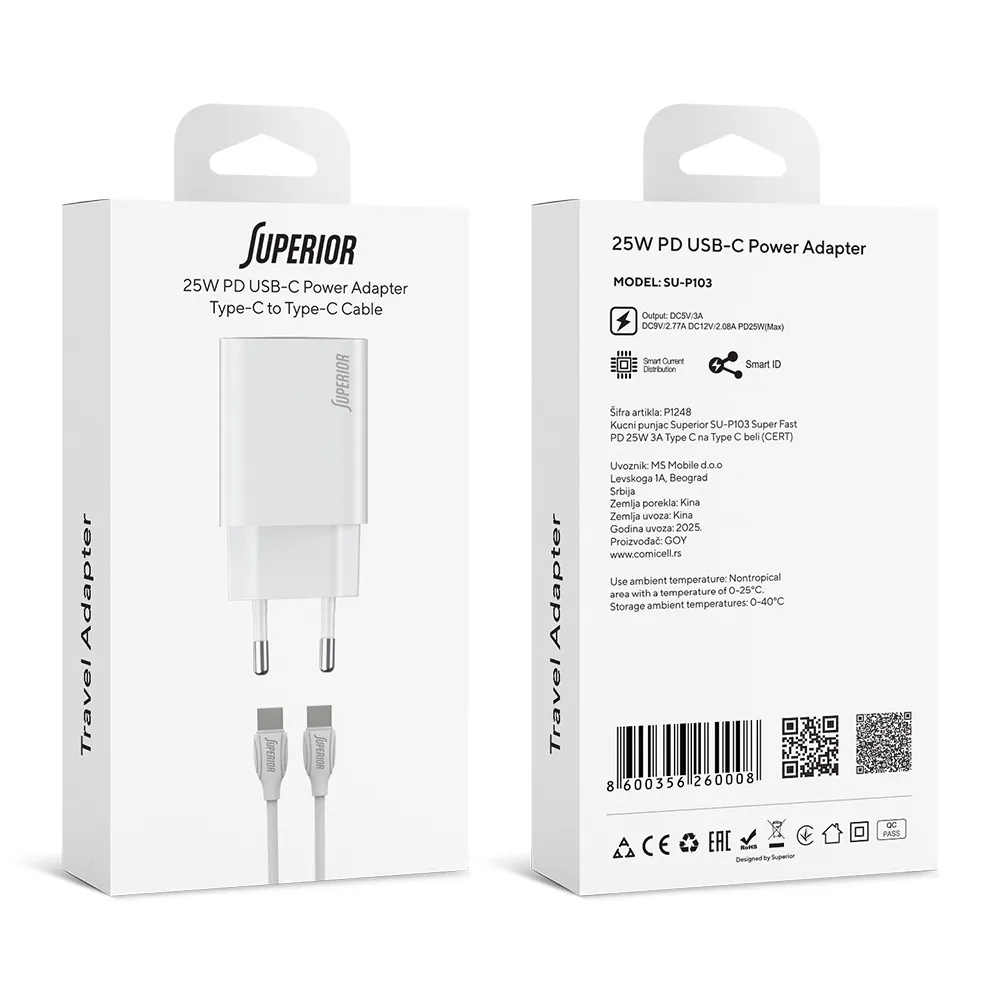 Kucni punjac Superior SU-P103 Super Fast PD 25W 3A Type C na Type C beli (CERT)