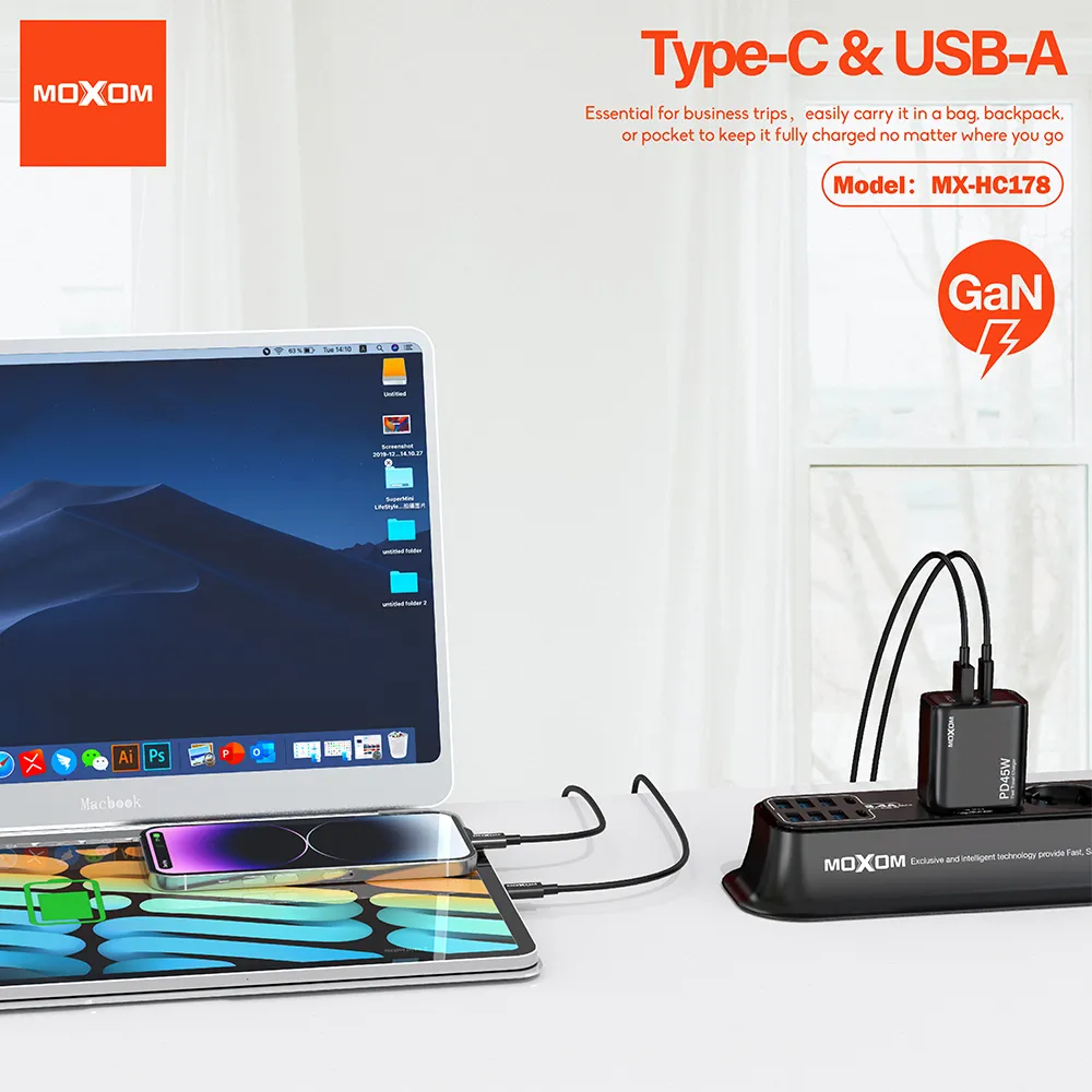 Kuciste punjaca Moxom MX-HC178 USB+Type-C QC18W PD45W crno