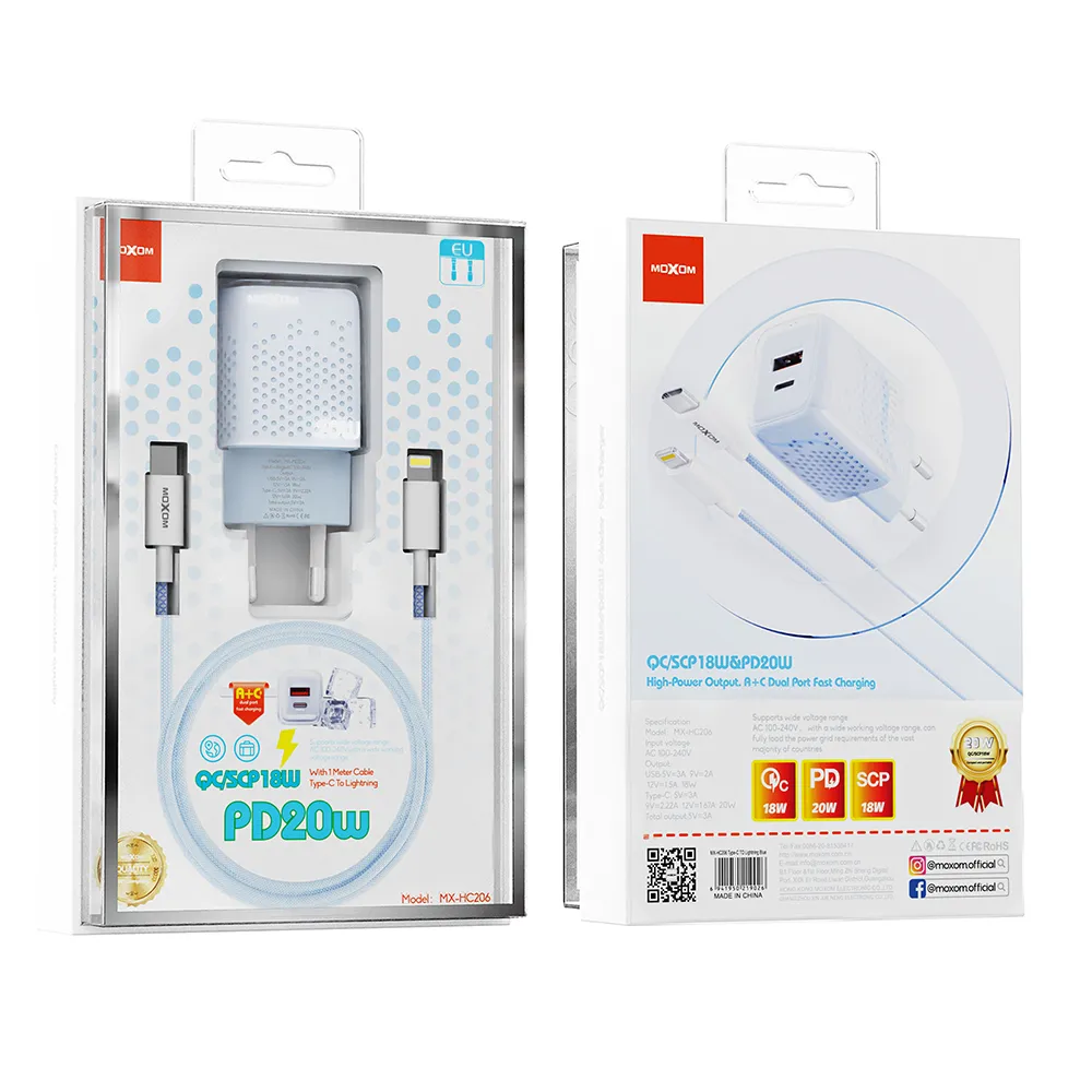 Kucni punjac Moxom MX-HC206 18W FAST PD 20W Type C na lightning plavi