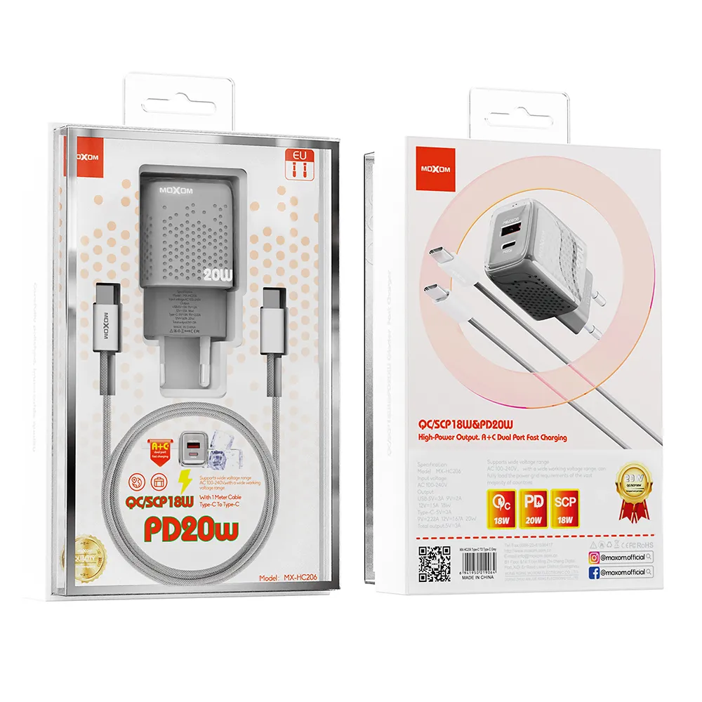 Kucni punjac Moxom MX-HC206 18W PD 20W FAST Type C na Type C sivi