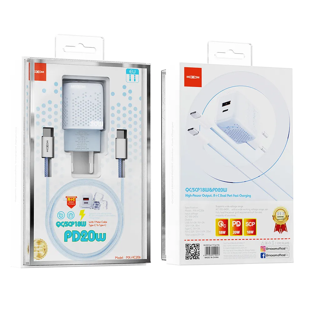 Kucni punjac Moxom MX-HC206 18W FAST PD 20W Type C na Type C plavi