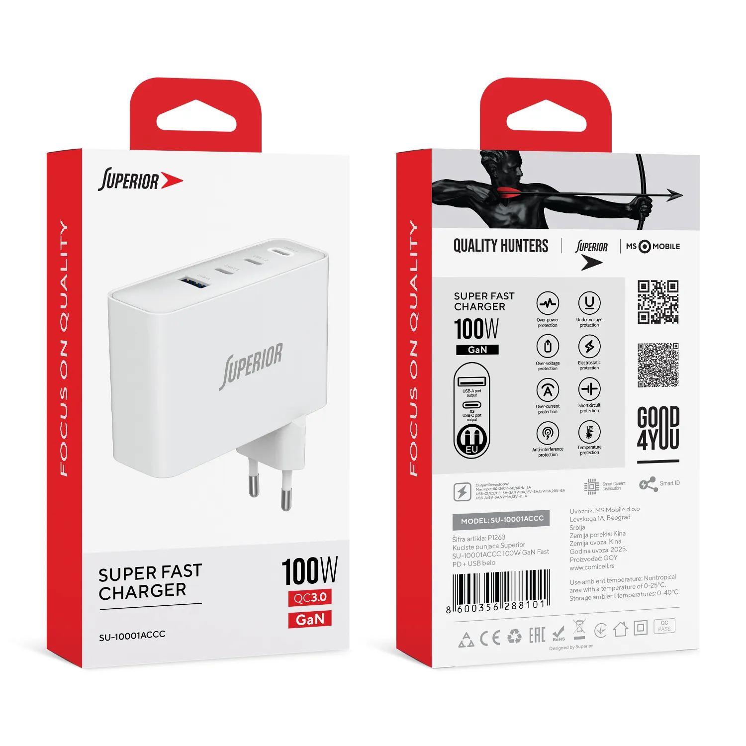 Kuciste punjaca Superior SU-10001ACCC 100W 5A GaN Fast PD + USB belo