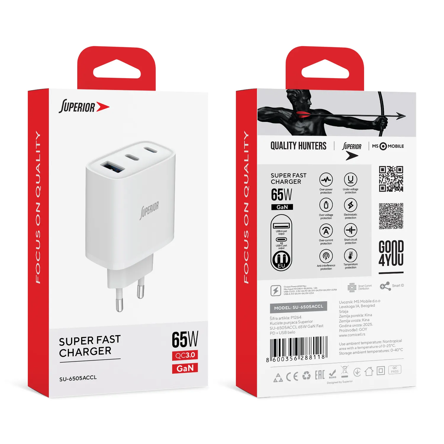 Kuciste punjaca Superior SU-6505ACCL 65W 3A GaN Fast PD + USB belo