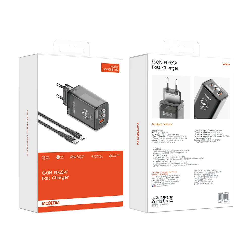 Kucni punjac MOXOM LX-HC824 60W PD Type C na Type C crni