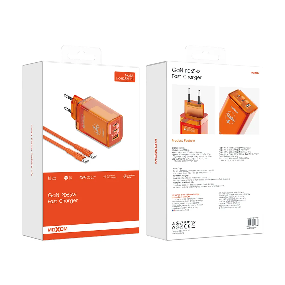 Kucni punjac MOXOM LX-HC824 60W PD Type C na Type C narandzasti