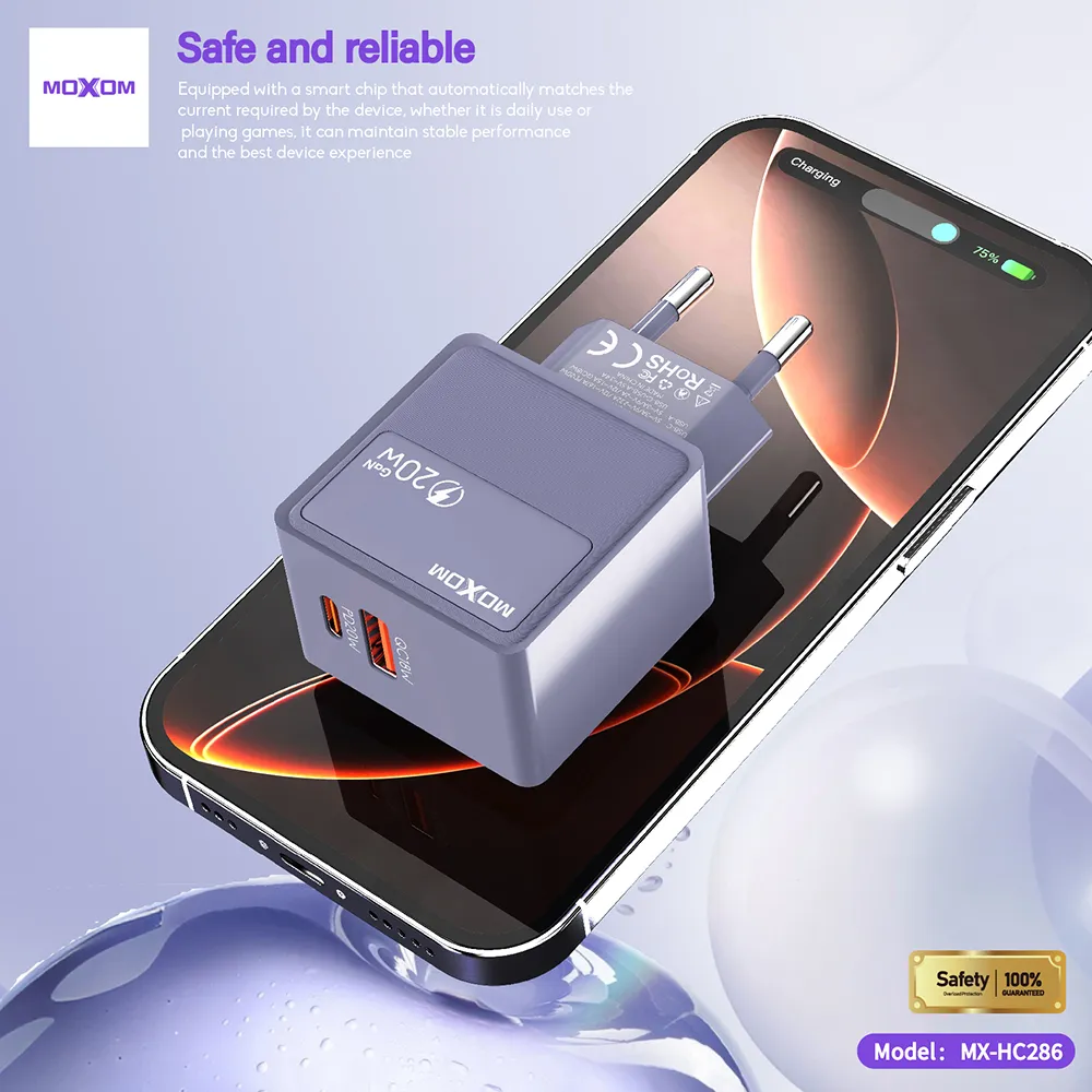 Kuciste punjaca MOXOM MX-HC286 Type C + USB 20W sivi