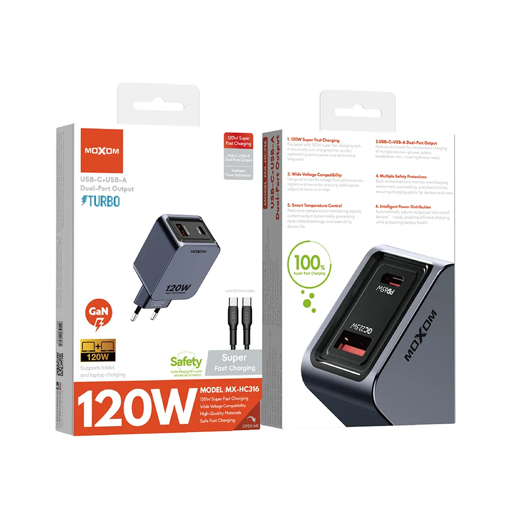 Kucni punjac MOXOM MX-HC316 Turbo 120W AVS + Type C Type C kabal crni