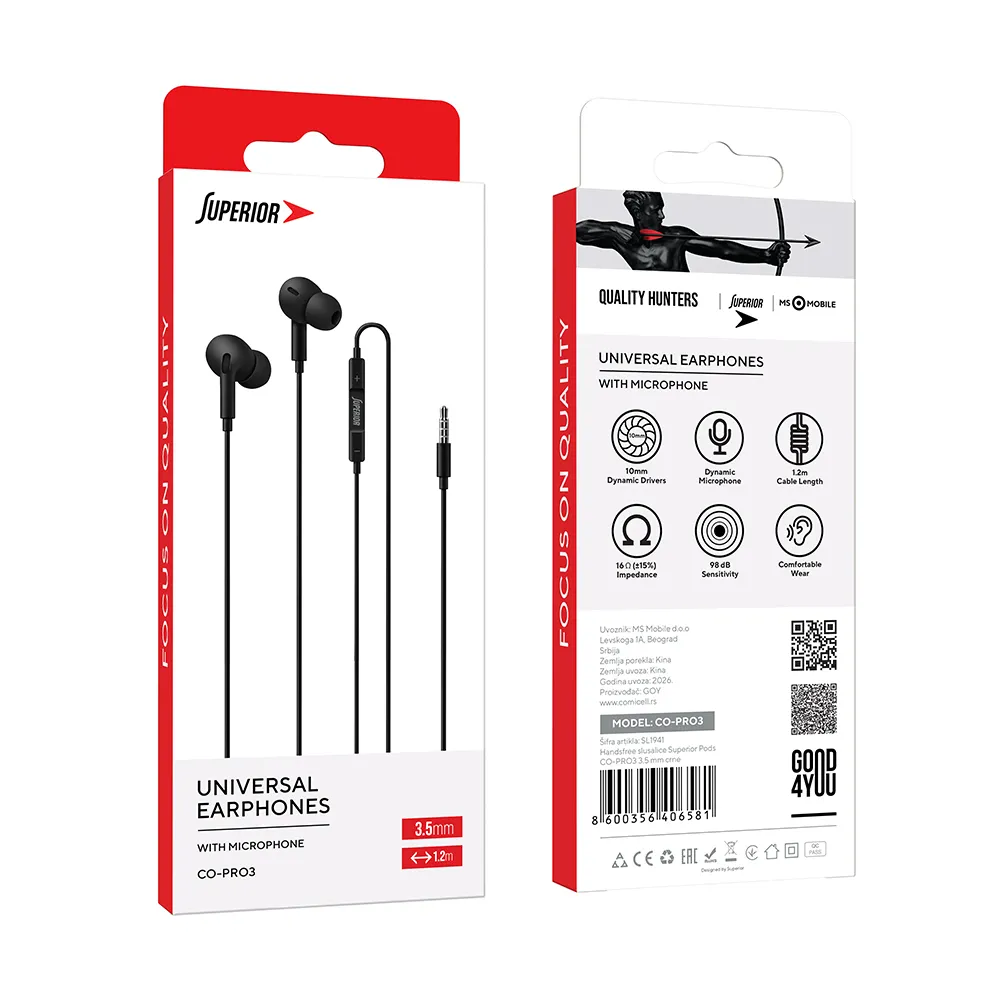 Handsfree slusalice Superior Pods CO-PRO3 3.5 mm crne