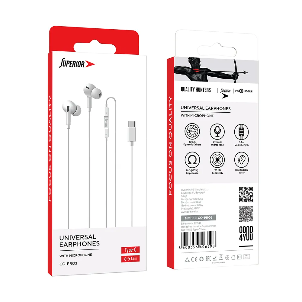 Handsfree slusalice Superior Pods CO-PRO3 Type-C bele