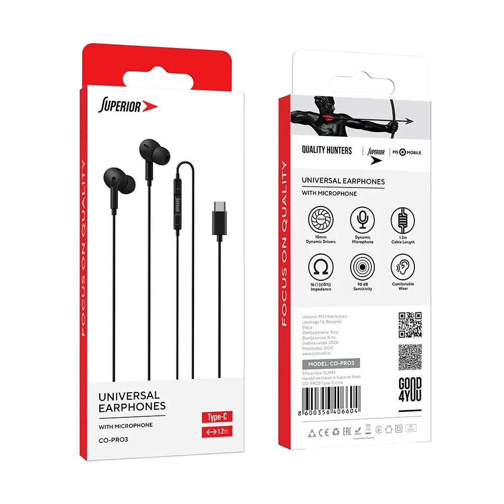 Handsfree slusalice Superior Pods CO-PRO3 Type-C crne