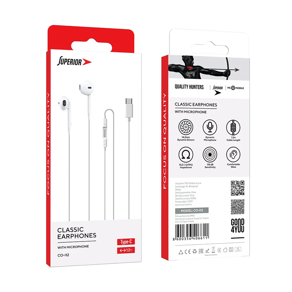 Handsfree slusalice Superior Classic CO-i12 Type-C bele