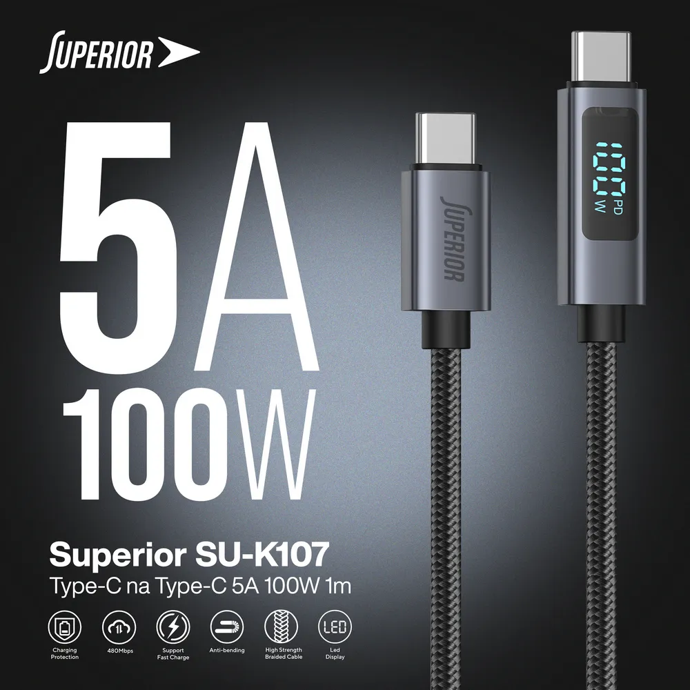 USB data kabal Superior SU-K107 pleteni Type-C na Type-C 5A 100W sa LED ekranom 1m crni