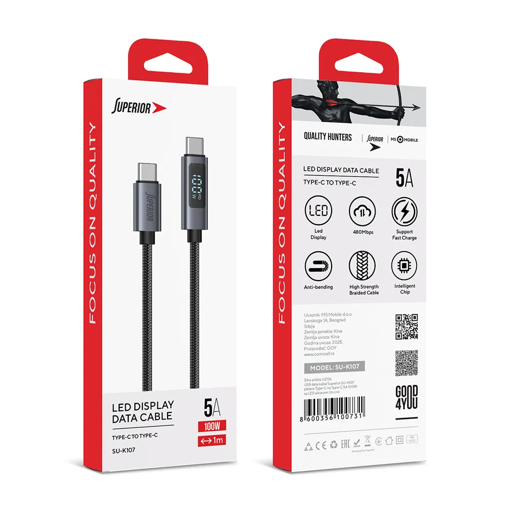 USB data kabal Superior SU-K107 pleteni Type-C na Type-C 5A 100W sa LED ekranom 1m crni