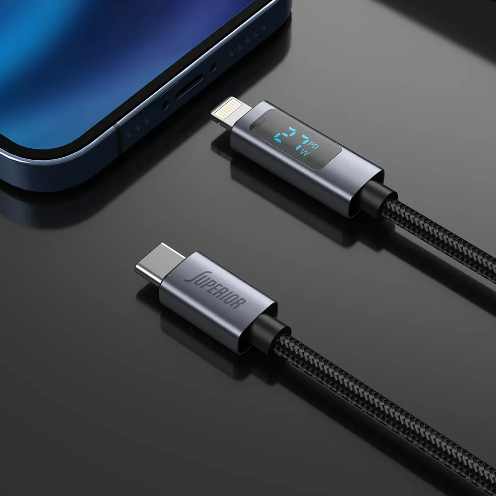 USB data kabal Superior SU-K107 pleteni Type-C na Lightning 3A 27W sa LED ekranom 1m crni