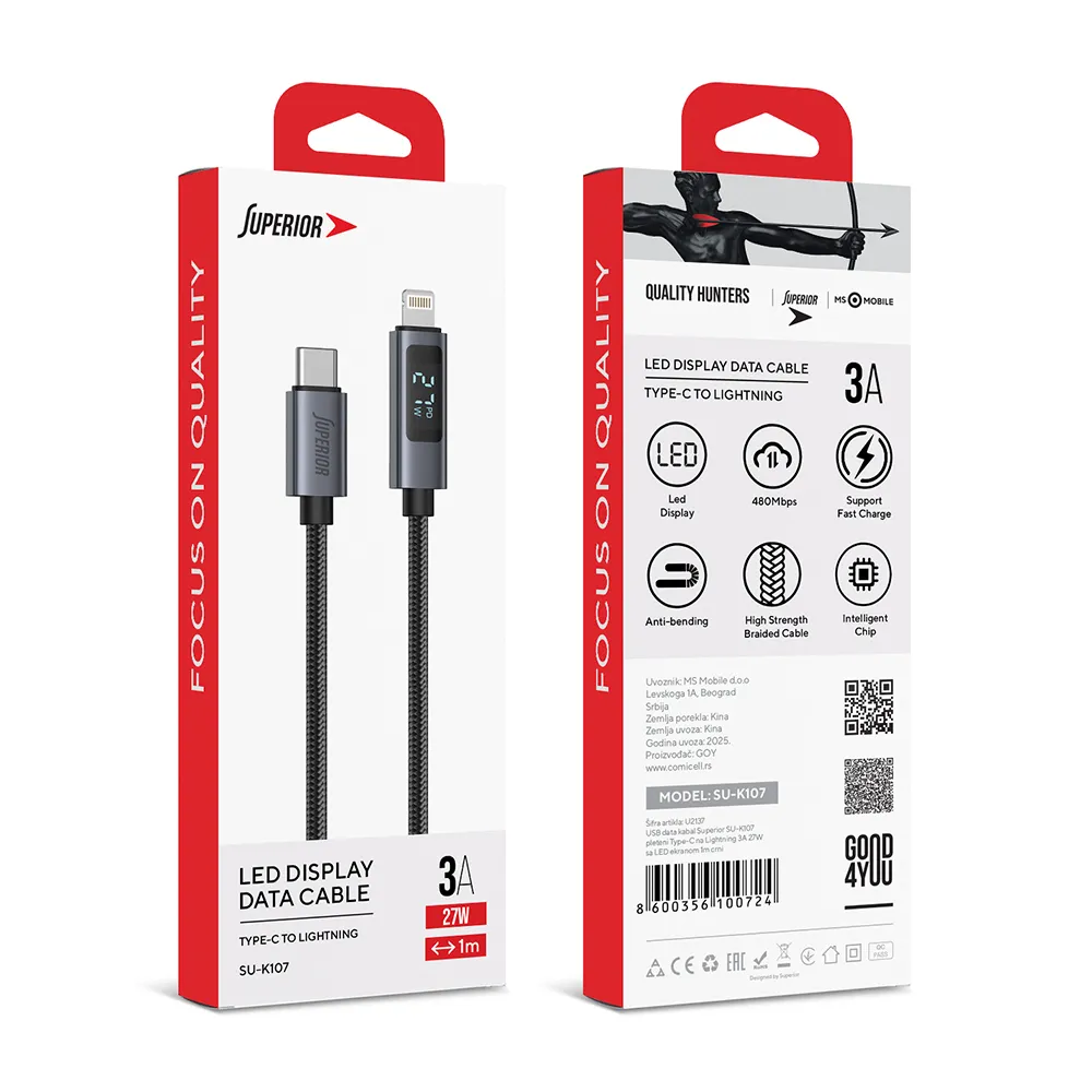 USB data kabal Superior SU-K107 pleteni Type-C na Lightning 3A 27W sa LED ekranom 1m crni