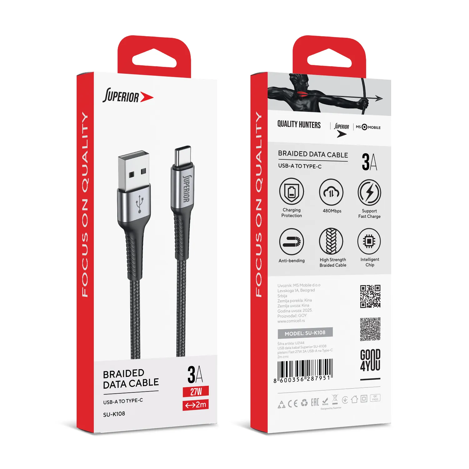 USB data kabal Superior SU-K108 pleteni Fast 27W 3A USB A na Type-C 2m crni