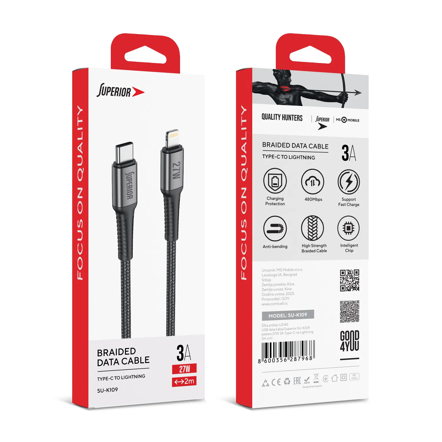 USB data kabal Superior SU-K109 pleteni 27W 3A Type-C na Lightning 2m crni