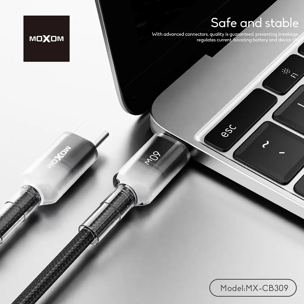 USB data kabal MOXOM MX-CB309 60W Fast Type-C na Type-C crni