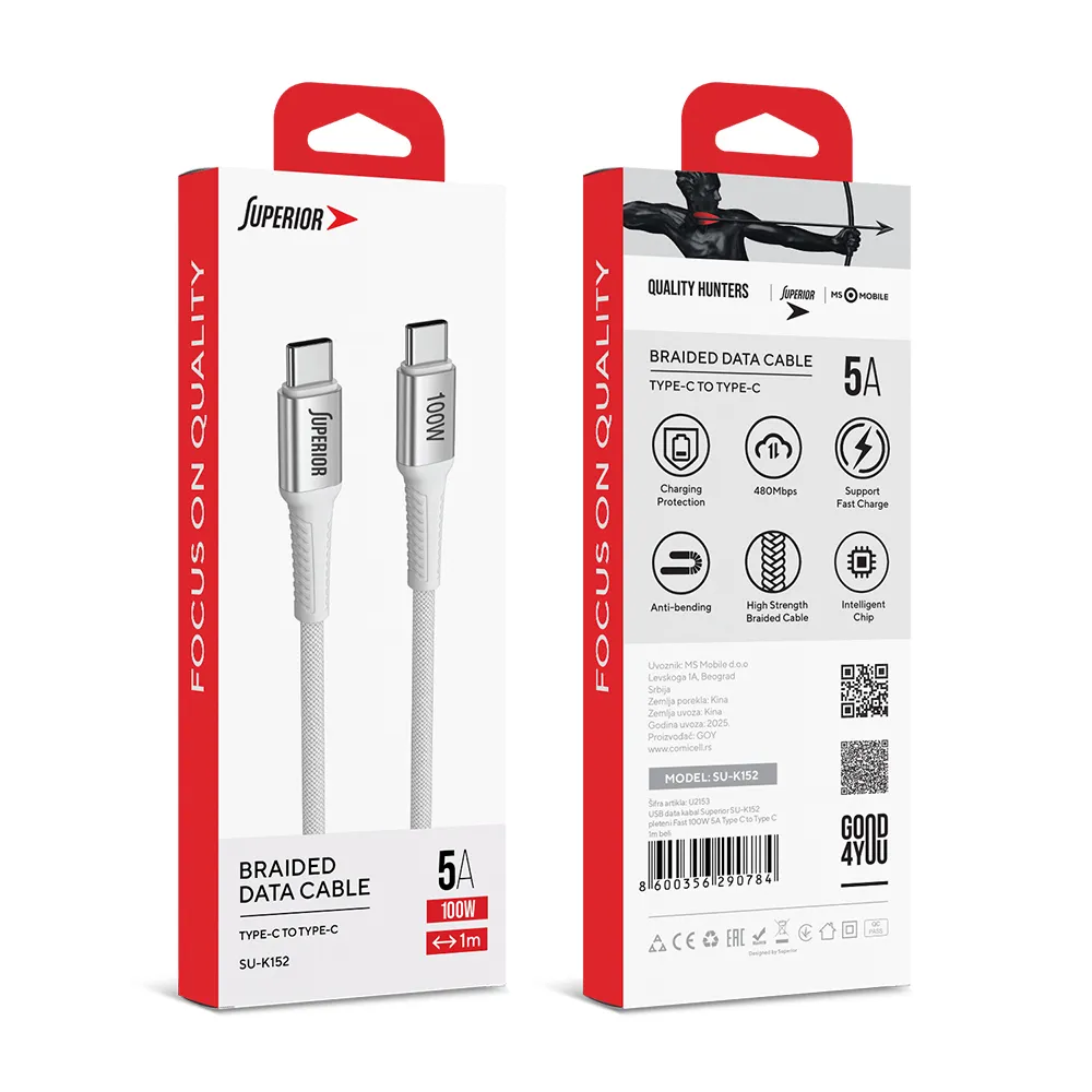 USB data kabal Superior SU-K152 pleteni Fast 100W 5A Type C to Type C 1m beli