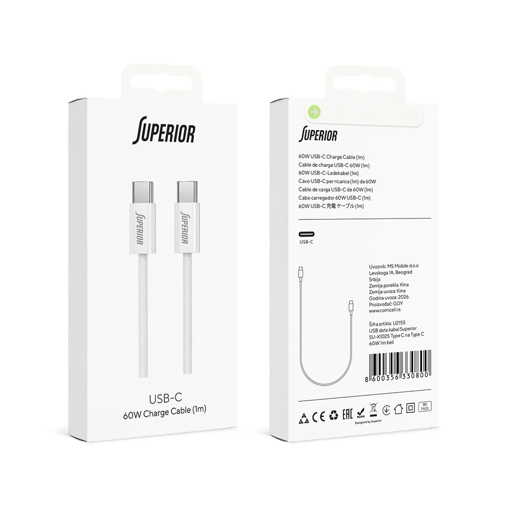 USB data kabal Superior SU-K1025 Type C na Type C 60W 1m beli